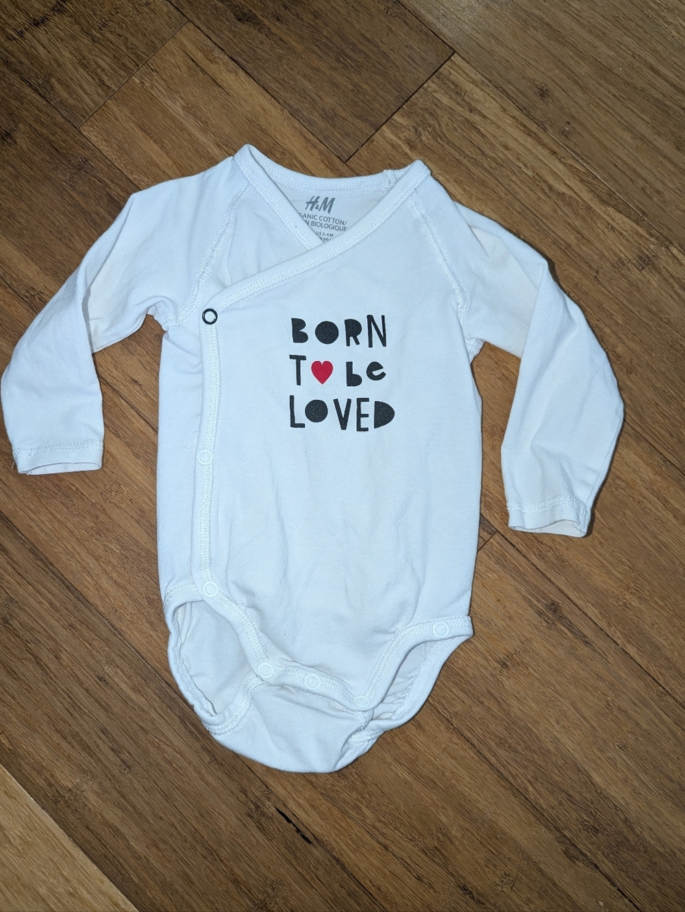 H&M White Long-Sleeve One-Piece with 'Born to be Loved' Print and Red Heart